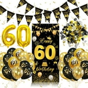 BIRLON 60th Birthday Decorations, Men and Women Birthday Party Supplies, Happy Birthday Poster and Pennants, Black Balloon, Gold Balloon, Happy Birthday Printed Balloon(Black Gold)