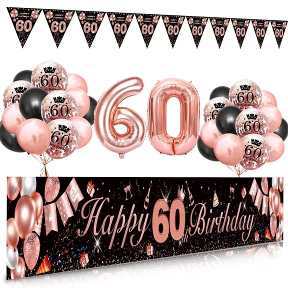 BIRLON 60th Birthday Decorations, Women Birthday Party Supplies, Happy Birthday Poster and Pennants, Rose Gold Balloon, Black Balloon, Happy Birthday Printed Balloon, for Women 60th Birthday