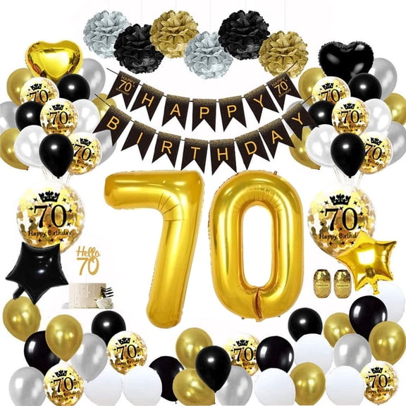 BIRLON 70th Birthday Decorations, Happy Birthday Banner, Black Gold Balloon, Star, Heart Balloon, Happy Birthday Printed Balloon, Paper Pom Poms, Men and Women Birthday Party Supplies