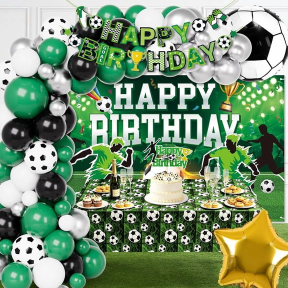 BIRLON All-In-One Soccer Birthday Party Decorations Kit, No Age Football Happy Birthday Balloons Set with Backdrop Banner Cake Topper Tablecloth