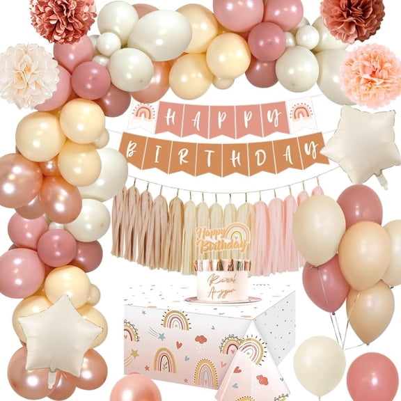 BIRLON Boho Birthday Balloons Set, Dusty Pink, Beige and Rose Gold Party Decorations with Happy Birthday Banner, Rainbow Tablecloth, Paper Pompoms, Cake Topper, For Girls, Baby Shower, Wedding