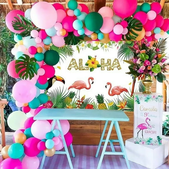 BIRLON Hawaiian Party Decorations, Tropical Colorful Balloon Set with Simulated Leaves and Confetti Balloons, Pack of 142