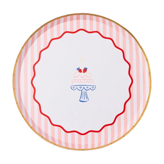 Bonjour Fte Striped Cake Small Paper Dessert Plates, Disposable Party Supplies, 8 Count, 8 Inch, Birthday Party