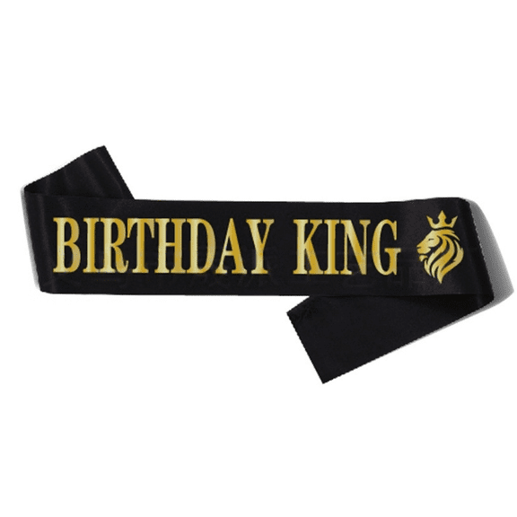 BIRTHDAY KING Black Satin Sash Gold Foil Lion Crown Print Men Birthday Party Shoulder Sash King Birthday Costume Accessory, 1 Count