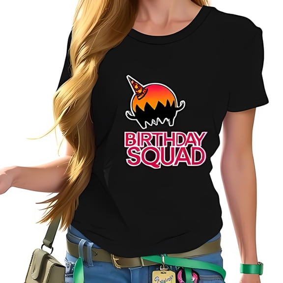 BIRTHDAY SQUAD Cotton Short Sleeve T-Shirt with Whimsical Cake & Party Hat Graphic - Fun & Festive Design for Celebrations