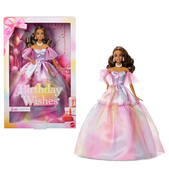 Barbie Signature Birthday Wishes Fashion Doll in Dress with Pastel Rainbow Effect, Collectible Gift