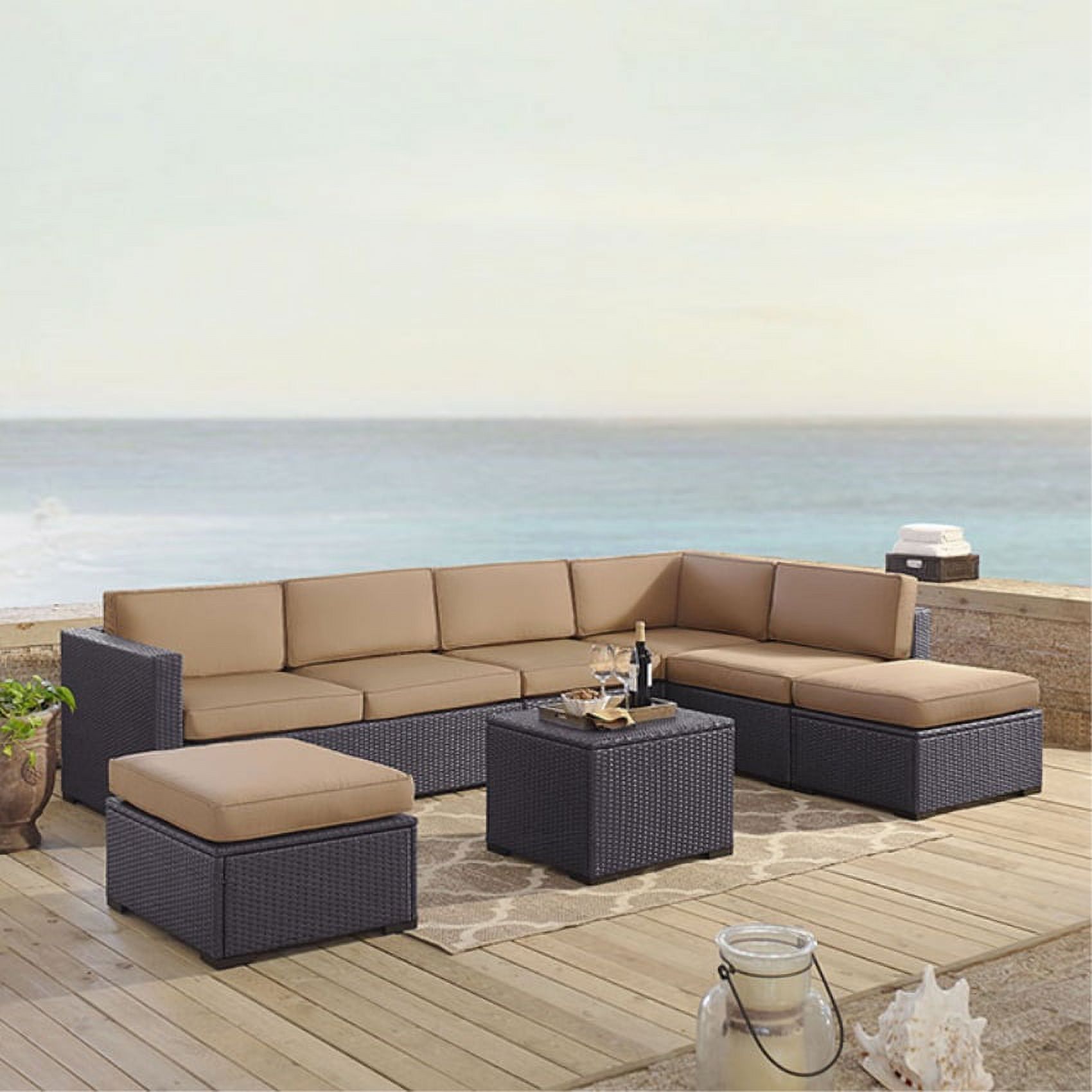 BISCAYNE 7 PERSON OUTDOOR WICKER SEATING SET IN MOCHA - TWO LOVESEATS, ONE ARMLESS CHAIR, COFFEE TABLE, TWO OTTOMANS - image 1 of 4