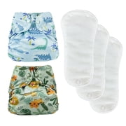 BISENKID 2 Pack Waterproof Cloth Diaper Cover Reusable Plastic Diaper Cover - Adjustable Outer Shell with 3 Pack Absorbent to Prevent Urine Blowouts for Baby Boy, Size 1 7-17Pound
