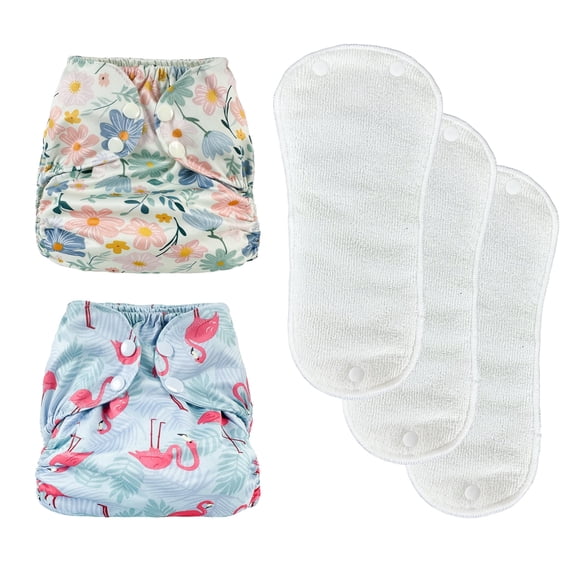 BISENKID 2 Pack Waterproof Cloth Diaper Cover Reusable Plastic Diaper Cover - Adjustable Outer Shell with 3 Pack Absorbent to Prevent Urine Blowouts for Baby Girl, Size 1 (7-17Pound)