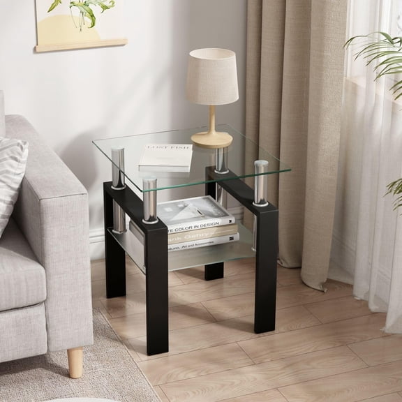 BISHE 1-Piece Modern Tempered Glass Tea Table Coffee Table End Table, Square Table for Living Room, Transparent/Black