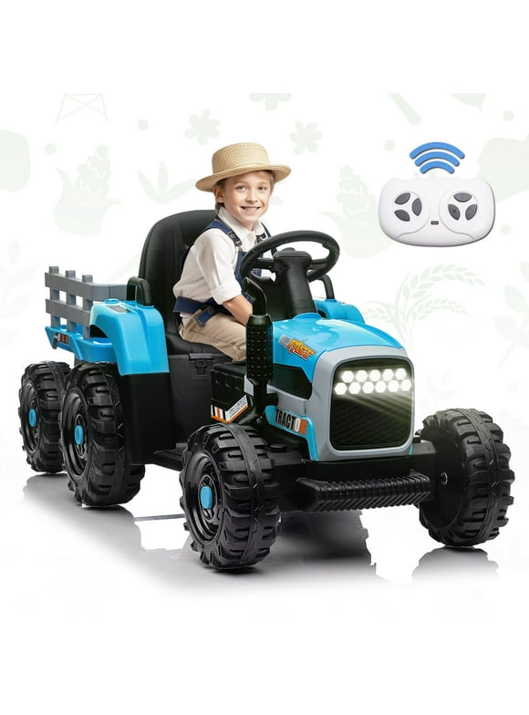 BISHE 12V Ride on Tractor,  Battery-Powered Toy Tractor with Remote Control and 3 Speed Adjustable, Electric Car for Kids with Power Display, USB, LED Lights, Audio, Safety Belt, Blue