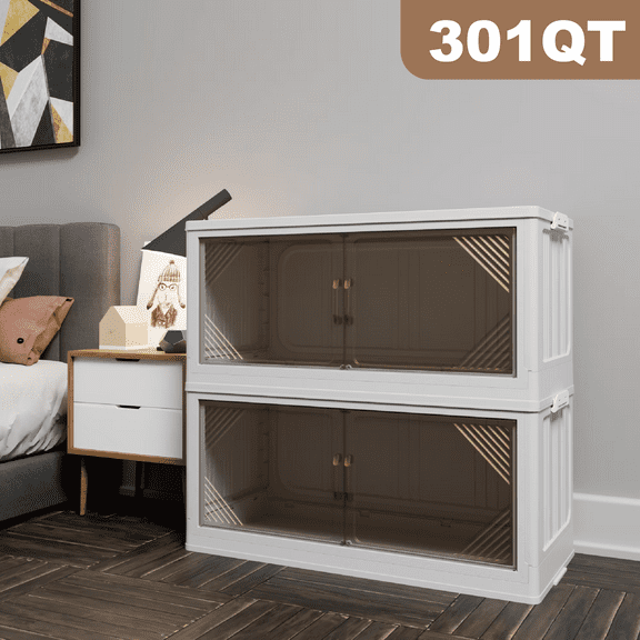 BISHE 35.4’’ Wide Stackable Storage Bins for Closet Organizers, Folding Storage Box, Collapsible Plastic Storage Bins for Closets, Lockable Storage Bins with Lids, 2-Pack