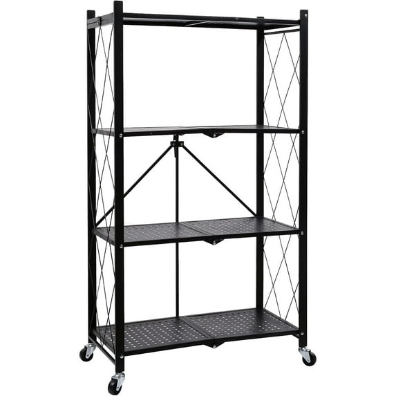 BISHE 4-Shelf Foldable Storage Shelves with Wheels, Heavy Duty Shelving Unit, Freestanding Metal Wire Shelf Rack, No Assembly Organizer Rack for Garage Kitchen, Basement, Pantry, Black
