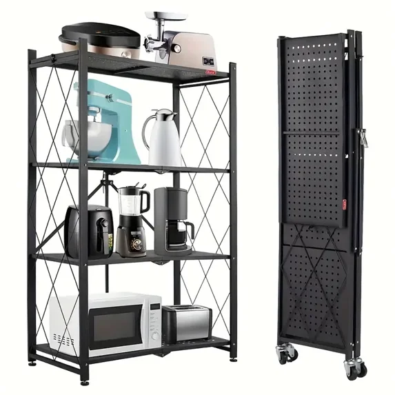 BISHE 4-Tire Shelf Metal Storage Rack, Metal Shelf 27.9"x13.4"x47.4, Foldable Storage Shelf with Wheels, Garage Shelving Steel Storage Shelves, Black