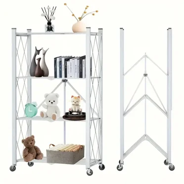 BISHE 4-Tire Shelf Metal Storage Rack, Metal Shelf 27.9"x13.4"x47.4, Foldable Storage Shelf with Wheels, Garage Shelving Steel Storage Shelves, White