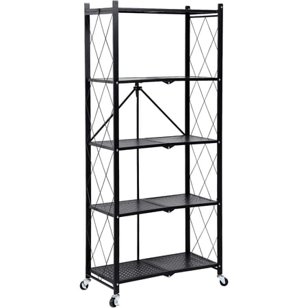 BISHE 5-Shelf Foldable Storage Shelves with Wheels, Heavy Duty Shelving Unit, Freestanding Metal Wire Shelf Rack, No Assembly Organizer Rack for Garage Kitchen, Basement, Pantry, Black