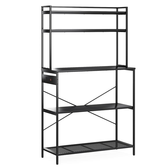 BISHE 5-Tier Kitchen Storage Shelving Unit, 15.7"x39.4"x66.5" Metal Bakers Rack with Electrical Outlets, Microwave Stand & Coffee Bar, Counter Space Organizer, Easy Assembly, Black
