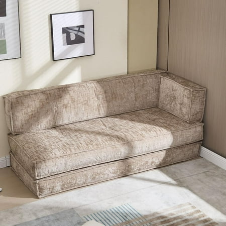 BISHE 78" Modular Sectional Sofa Bed, Chenille Fabric L-Shaped Cloud Couch with Storage Pockets, No Assembly Required, Space-Saving Convertible Sleeper for Living Room, Apartment, Office, Khaki