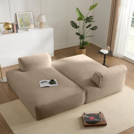 BISHE 90.0" Oversized Modular Sectional Sofa, Fully Compressed Foam-Filled Sofa Bed with 2 PC Free Combination, Elderly-Friendly Design, No Assembly Required, for Living Room, Khaki