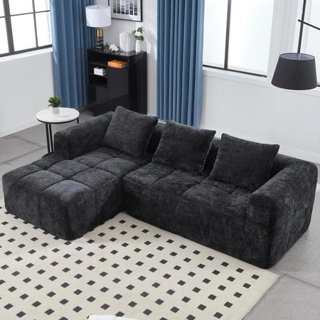 BISHE 98.42 in Modular Sectional Sofa with Chaise, Modern L-Shaped Cloud Couch, Easy Assembly, No Compression Damage, Chenille Upholstered, Deep Seat, Includes Throw Pillows, Black