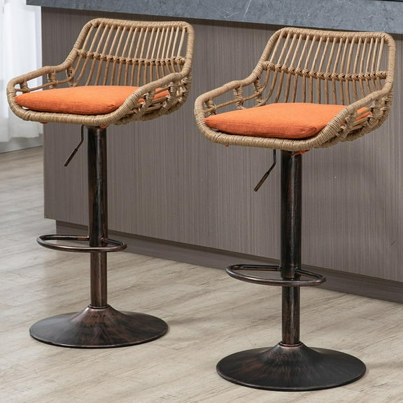 BISHE Adjustable Rattan Bar Stools Set of 2 with Cushion, Boho Bar Stools with Footrest, Wicker Barstools Counter Height with Backs, High Chair for Kitchen Island, Bistros, Metal Base, Orange