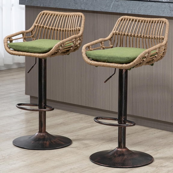 BISHE Adjustable Rattan Bar Stools Set of 2 with Cushion, Boho Bar Stools with Footrest, Wicker Barstools Counter Height with Backs, High Chair for Kitchen Island, Bistros, Metal Base, Green