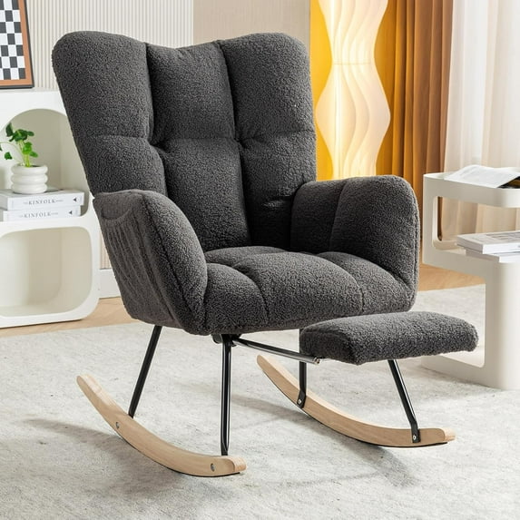 BISHE Adjustable Rocking Chair with Footrest - Plush Teddy Fabric Glider Recliner, High Back Ergonomic Rocker Chair for Living Room & Bedroom, Easy Assembly, Storage Pocket, Dark Gray
