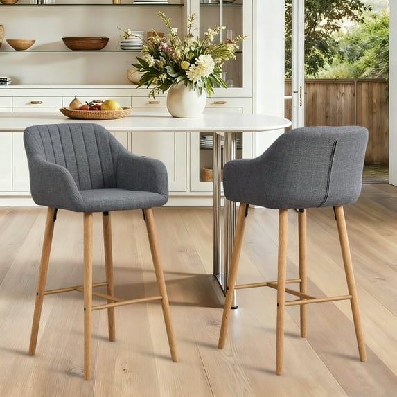 BISHE Bar Stools Set of 2, Modern Counter Height Chairs with Back and Arm, Linen Kitchen Island Chairs with Footrest and Solid Wood Leg for Living Room, Dining Room, Beige