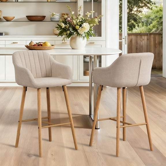 BISHE Bar Stools Set of 2, Modern Counter Height Chairs with Back and Arm, Linen Kitchen Island Chairs with Footrest and Solid Wood Leg for Living Room, Dining Room, Beige