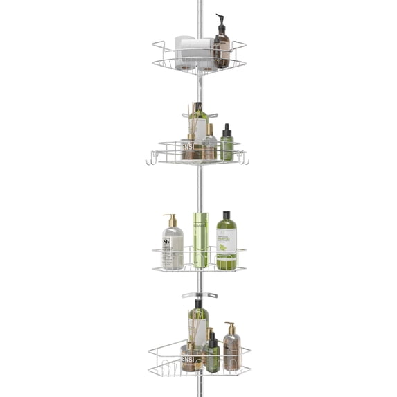 BISHE Corner Shower Caddy Tension Pole - 72-135 INCH - 4-Tier Rustproof Bathroom Organizer Shelves, Adjustable Bathtub Tub Shampoo Storage, White