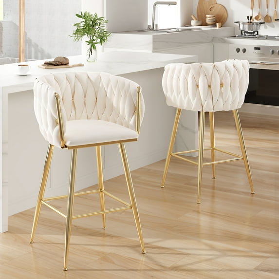 BISHE Counter Height Bar Stools Set of 2 – 26 Inch Modern Mid-Century Kitchen Island Stools with Backs & Sturdy Metal Legs, Beige