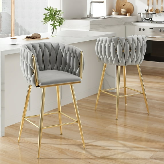 BISHE Counter Height Bar Stools Set of 2 – 26 Inch Modern Mid-Century Kitchen Island Stools with Backs & Sturdy Metal Legs, Gray