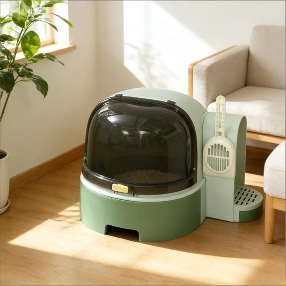 BISHE Enclosed Cat Litter Box with Openable Front Lock Lid, Space Capsule Design, 2-Step Anti-Tracking Litter Tray, Included Litter Scoop, Large Private Hooded Cat Toilet for Cats Up to 10 lbs, Green