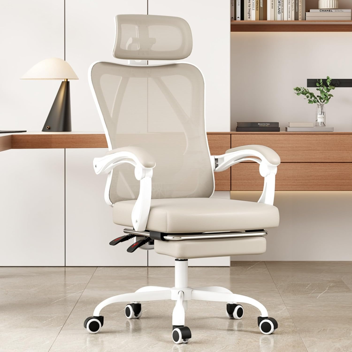 BISHE Ergonomic Office Chair with Footrest & Adjustable Headrest, Reclining Computer Chair with Customizable Lumbar Support, Breathable Mesh Back & Seat, 360° Swivel Wheels, Khaki