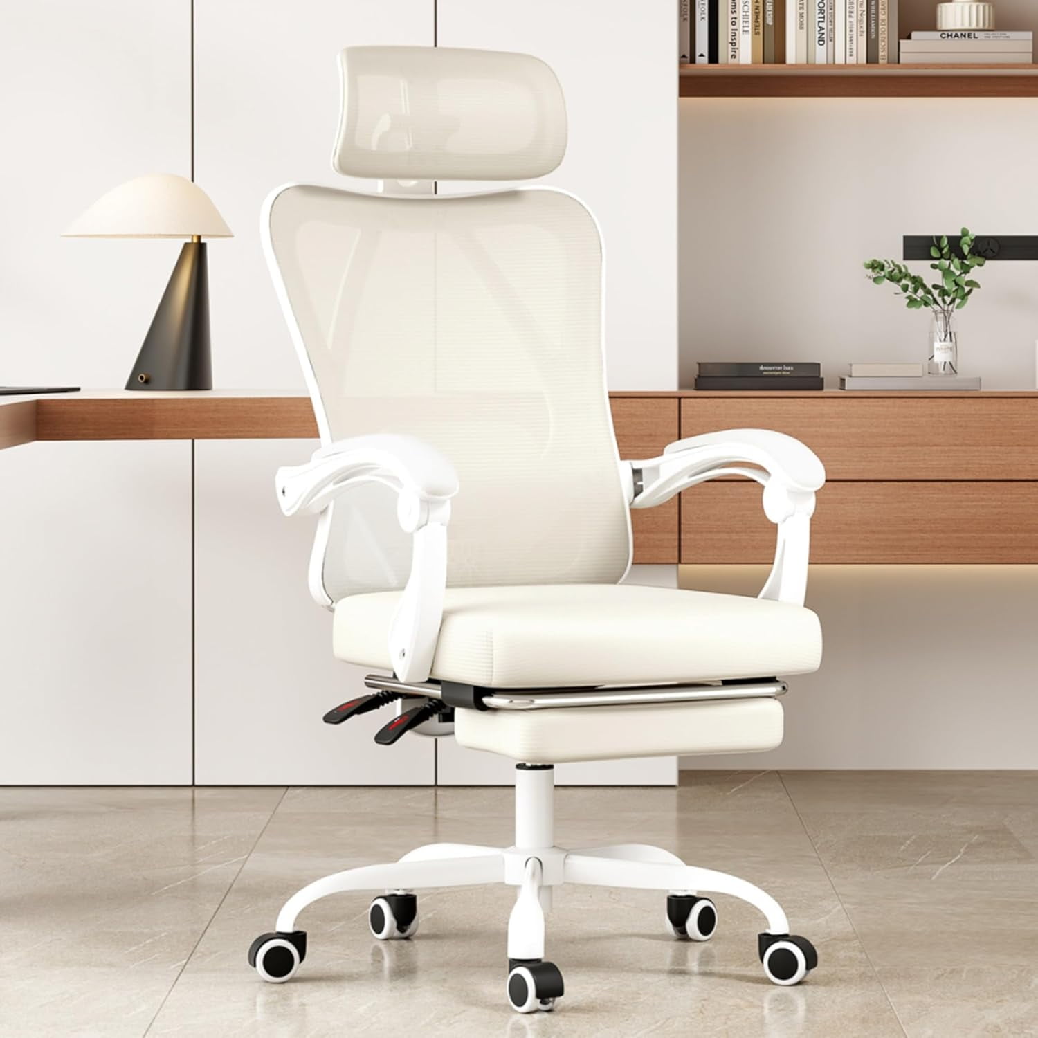 BISHE Ergonomic Office Chair with Footrest & Adjustable Headrest, Reclining Computer Chair with Customizable Lumbar Support, Breathable Mesh Back & Seat, 360° Swivel Wheels, Beige