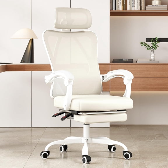 BISHE Ergonomic Office Chair with Footrest & Adjustable Headrest, Reclining Computer Chair with Customizable Lumbar Support, Breathable Mesh Back & Seat, 360° Swivel Wheels, Beige