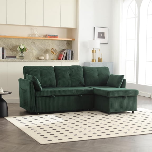 BISHE L-Shaped Sectional Sleeper Sofa, Modular 4-Seater Couch with Pull-Out Bed, Convertible Reversible Chaise Lounge, Storage Seat & 2 Pillows for Living Room, Emerald