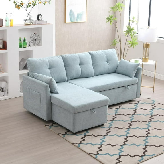 BISHE L Shaped Sectional Sofa with Pullout Bed, 81 Inch Convertible Sleeper with Reversible Chaise & Storage Seats, 2 in 1 Pull Out Couch with Side Pockets for Living Room, Apartment, Mint Green