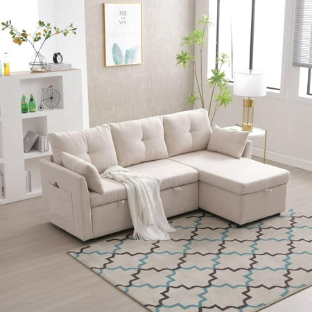 BISHE L Shaped Sectional Sofa with Pullout Bed, 81 Inch Convertible Sleeper with Reversible Chaise & Storage Seats, 2 in 1 Pull Out Couch with Side Pockets for Living Room, Apartment, Beige