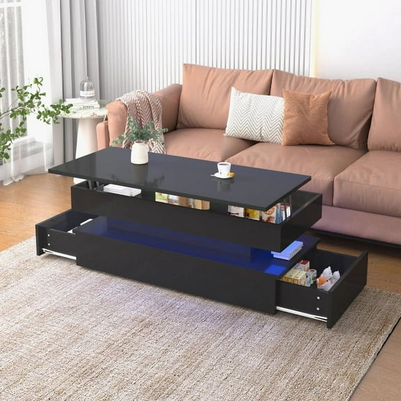 BISHE Lift Top Coffee Table, Three-Tier Foldable Coffee Table with Storage Cabinet for Living Room, Tea Table with 2 Drawers & LED Light for Home Reception Room, Apartment/ Office Furniture, Black