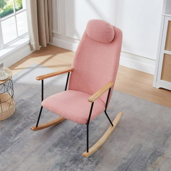BISHE Modern Adjustable Headrest Pillow Rocking Chair,Upholstered Glider Rocker Chairs with High Backrest,with Armrests,Living Room,Bedroom,Balcony,Easy to Assemble,Pink