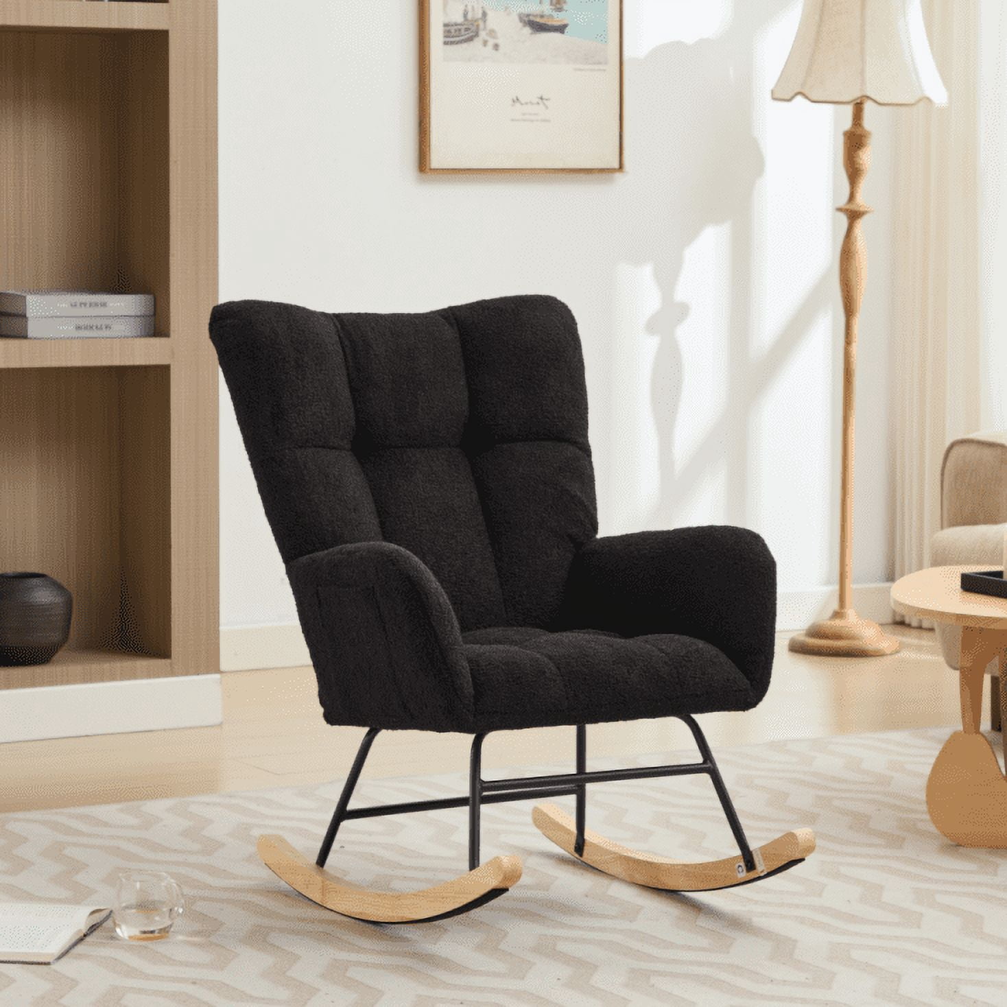 BISHE Modern Nursery Rocking Chair Upholstered Glider Chair with High Backrest Rocker Accent Armchair with Solid Wood Legs for Nursery Bedroom Living Room Teddy, Black