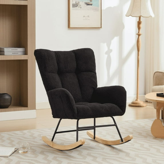 BISHE Modern Nursery Rocking Chair Upholstered Glider Chair with High Backrest Rocker Accent Armchair with Solid Wood Legs for Nursery Bedroom Living Room Teddy, Black