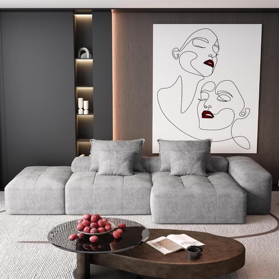 BISHE Modern Oversized Modular Sectional Sofa with Ottoman, Chaise Lounge, Armrest, 4 Pillows, Sparkling Chenille Fabric, 4 PCS DIY Tufted Sofa, No Assembly Required, Grey