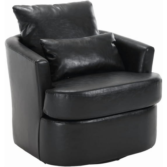 BISHE Modern PU Leather Recliner Chair with 360° Swivel, Comfy Barrel Accent Armchair with Cushions, Upholstered Lounge Chair for Living Room, Bedroom, Nursery, Apartment, Black Leather