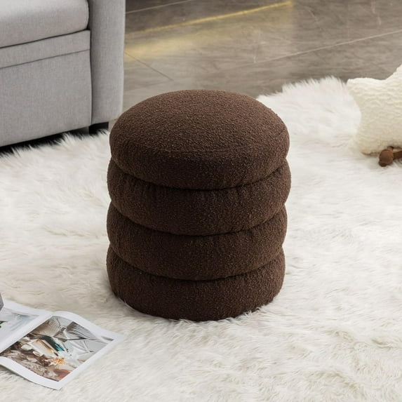 BISHE Modern Round Ottoman with Soft Padded Seat, Multifunctional Vanity Chair for Makeup, Upholstered Footrest Stool for Living Room or Bedroom, Brown-Boucle