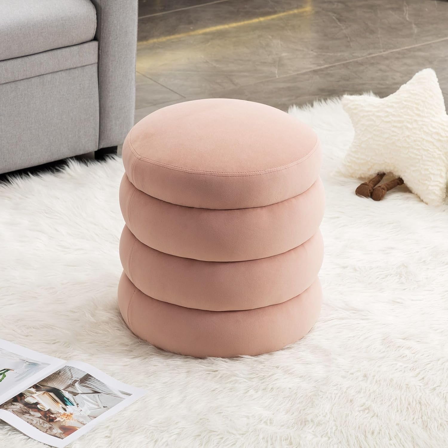BISHE Modern Round Ottoman with Soft Padded Seat, Multifunctional ...