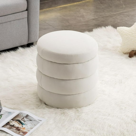 BISHE Modern Round Ottoman with Soft Padded Seat, Multifunctional Vanity Chair for Makeup, Upholstered Footrest Stool for Living Room or Bedroom, White-Velvet