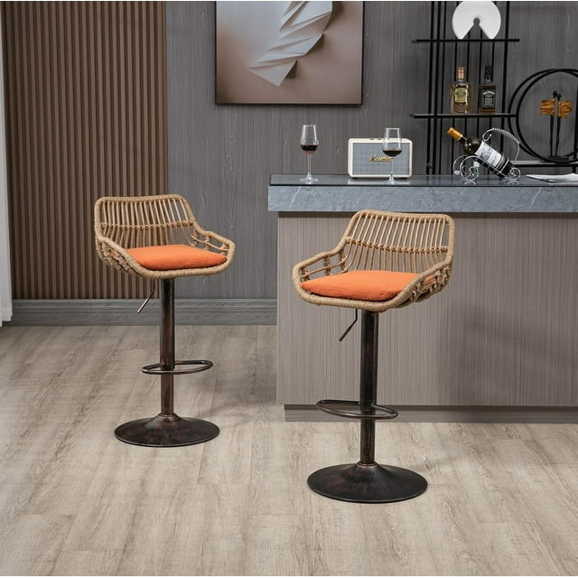 BISHE Rattan Bar Stools Set of 2, Adjustable 360° Swivel Barstools with Linen Cushion, Low Back & Footrest for Kitchen or Bar (Orange)