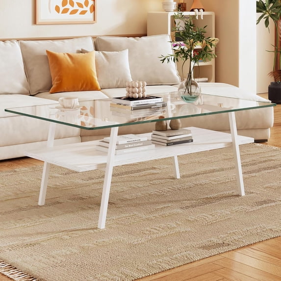 BISHE Rectangle Coffee Table, Tempered Glass Tabletop with Black Metal Legs, Modern Table for Living Room , Transparent Glass